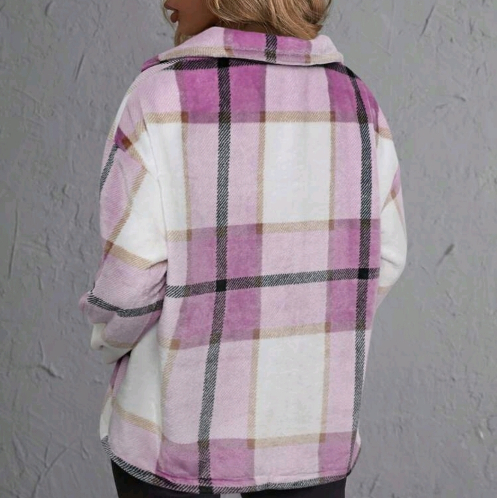 Women's Button Front Long Sleeve Pocket Plaid Casual Jacket, Everyday Wear - Picture 2 of 5